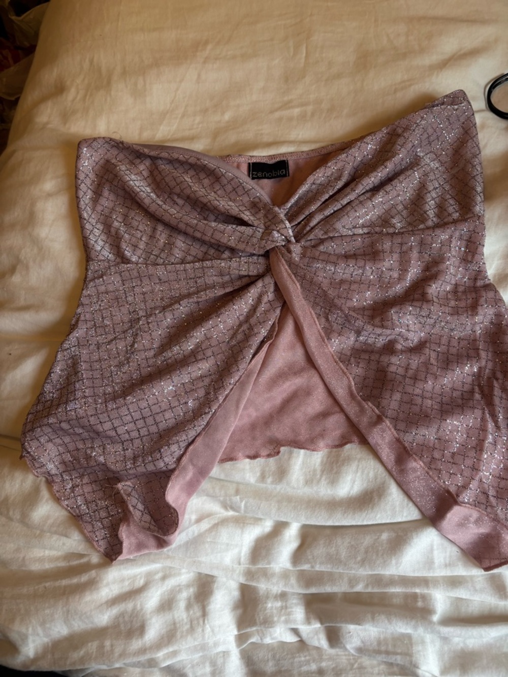 Zena Dusty Rose Strapless Twist-Front Crop Top with Glitter Overlay